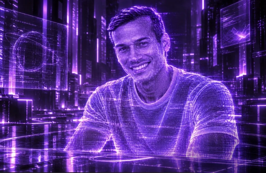 Ewe Man, Nicolás Antonio Ortiz Arocha, aparece como una proyección holográfica sonriente sobre una ciudad futurista en tonos violeta.